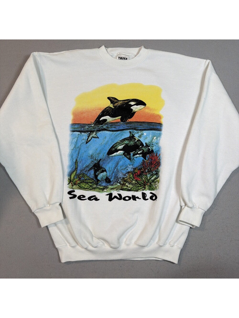 Vintage 90s Tultex Sea World Orca Whale Ocean Sweatshirt Mens Large White